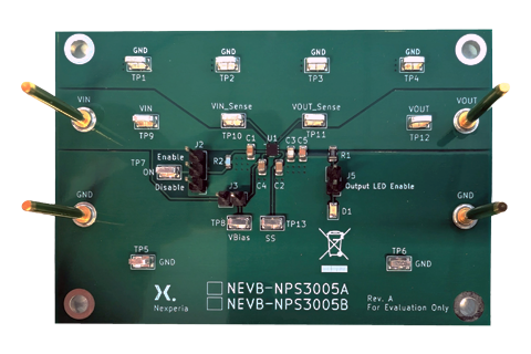 NEVB-NPS3005B - 0.5-5.5 V, 6 A, 14 mΩ single channel load switch with soft start and quick output discharge (QoD) evaluation board